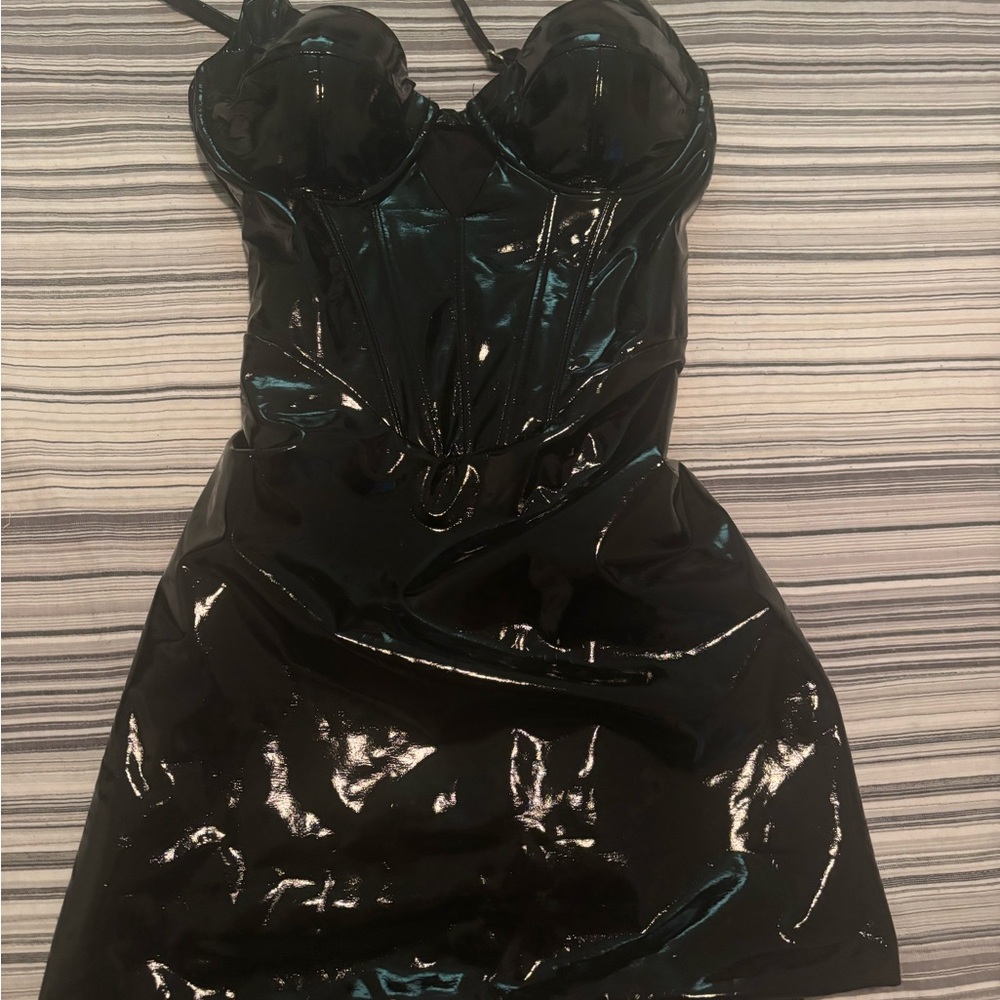 Black vinyl Strapless mini Dress